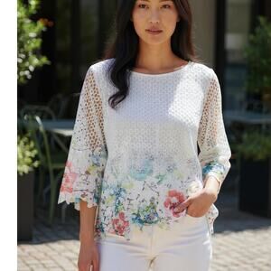 DAMEE INC. White, Pink, Green Crochet Floral Boatneck Layered Tunic - Size S